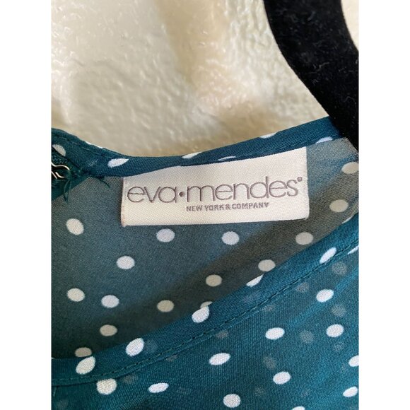 Eva Mendes New York & Company Teal Polka Dot Midi Dress Lace Accent Long Sleeves - Picture 4 of 8